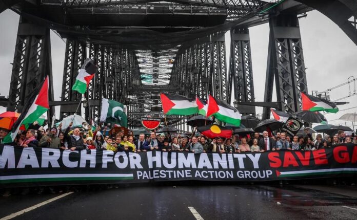 March for Humanity. Sydney Harbour Bridge solidarity demonstration for Palestine. 2 August 2025