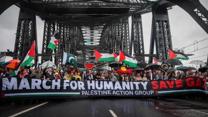 March for Humanity. Sydney Harbour Bridge solidarity demonstration for Palestine. 2 August 2025