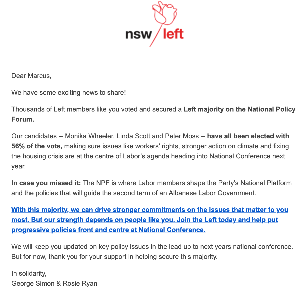 NSW Left email on National Policy Forum election result.