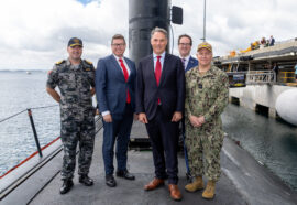 Defence Minister Richard Marles (centre) and Defence Industry Minister Pat Conroy (second left) on USS Asheville at HMAS Stirling in WA. Photo US Indo-Pacific Command/Flickr