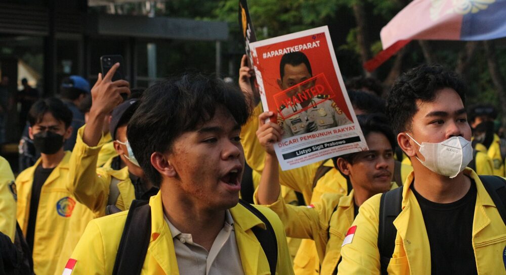 Indonesian youth protest the killing of a taxi delivery driver during demonstrations in August 2025.